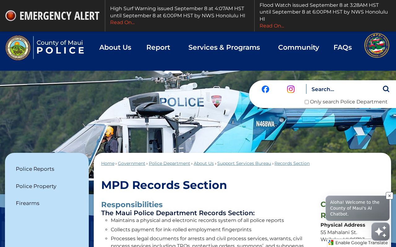 Maui County warrant lookup MPD Records responsibilities