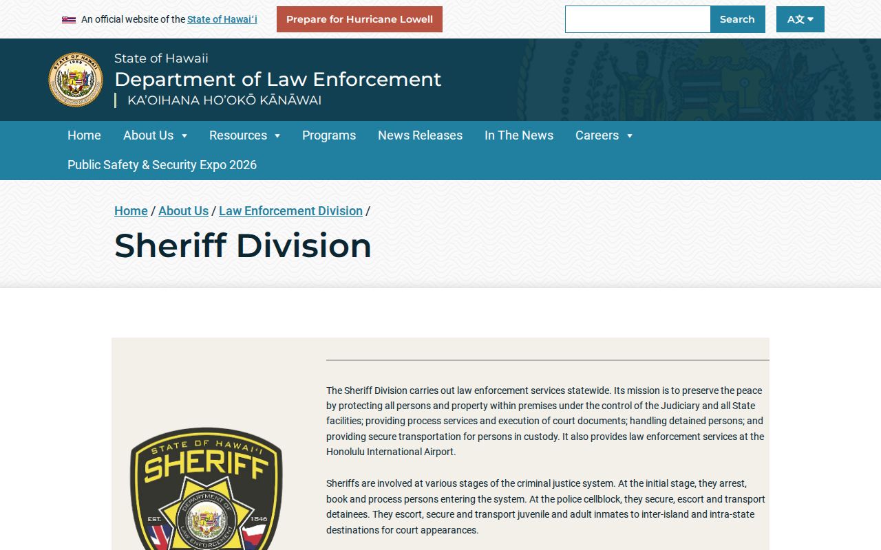 Maui County active warrants State Sheriff Division role
